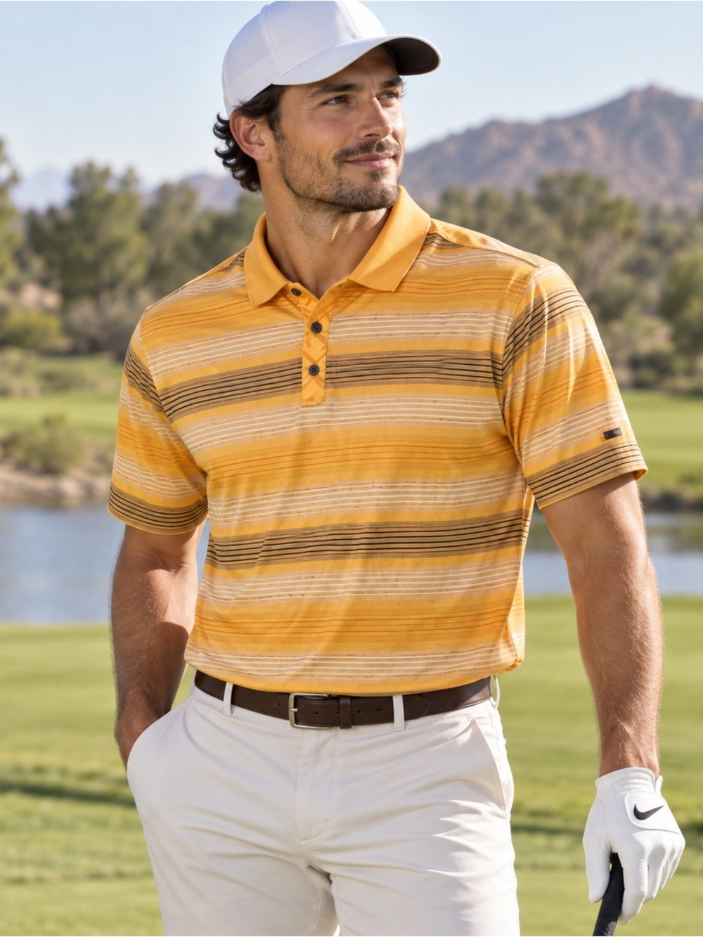 Nike Tiger Woods Golf Polo Shirt Mens Medium Short Sleeve Orange Striped